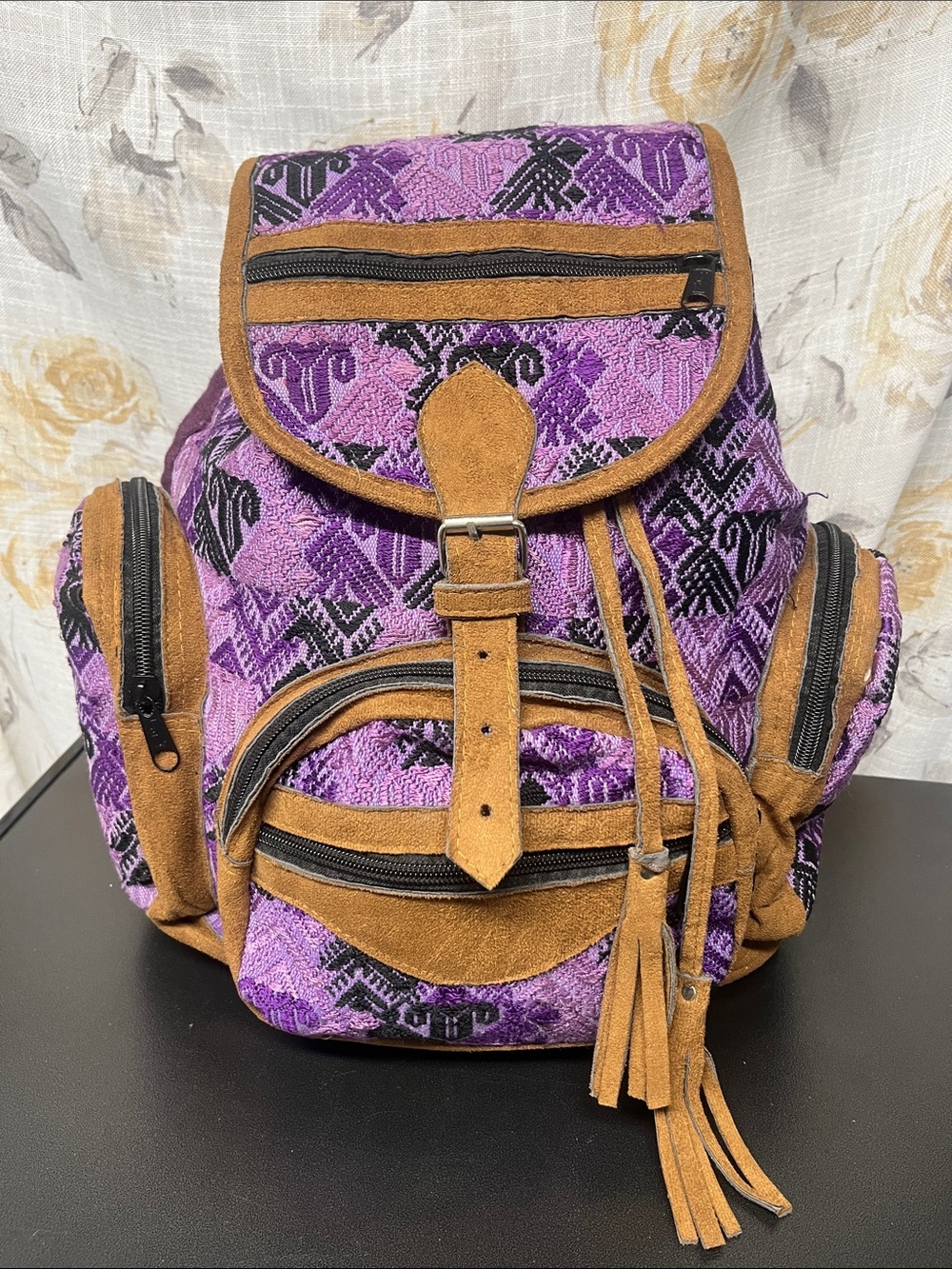 Purple Large Woven Suede & Huipile Backpack